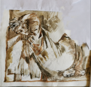 Reclining figure in Sepia watercolour pigment with pen and brush, July 2021.
